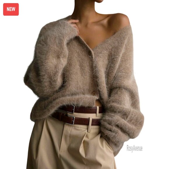 Sweaters - Women's Fuzzy V-Neck Cardigan Sweater Long Sleeve Button Down Slouchy Knit